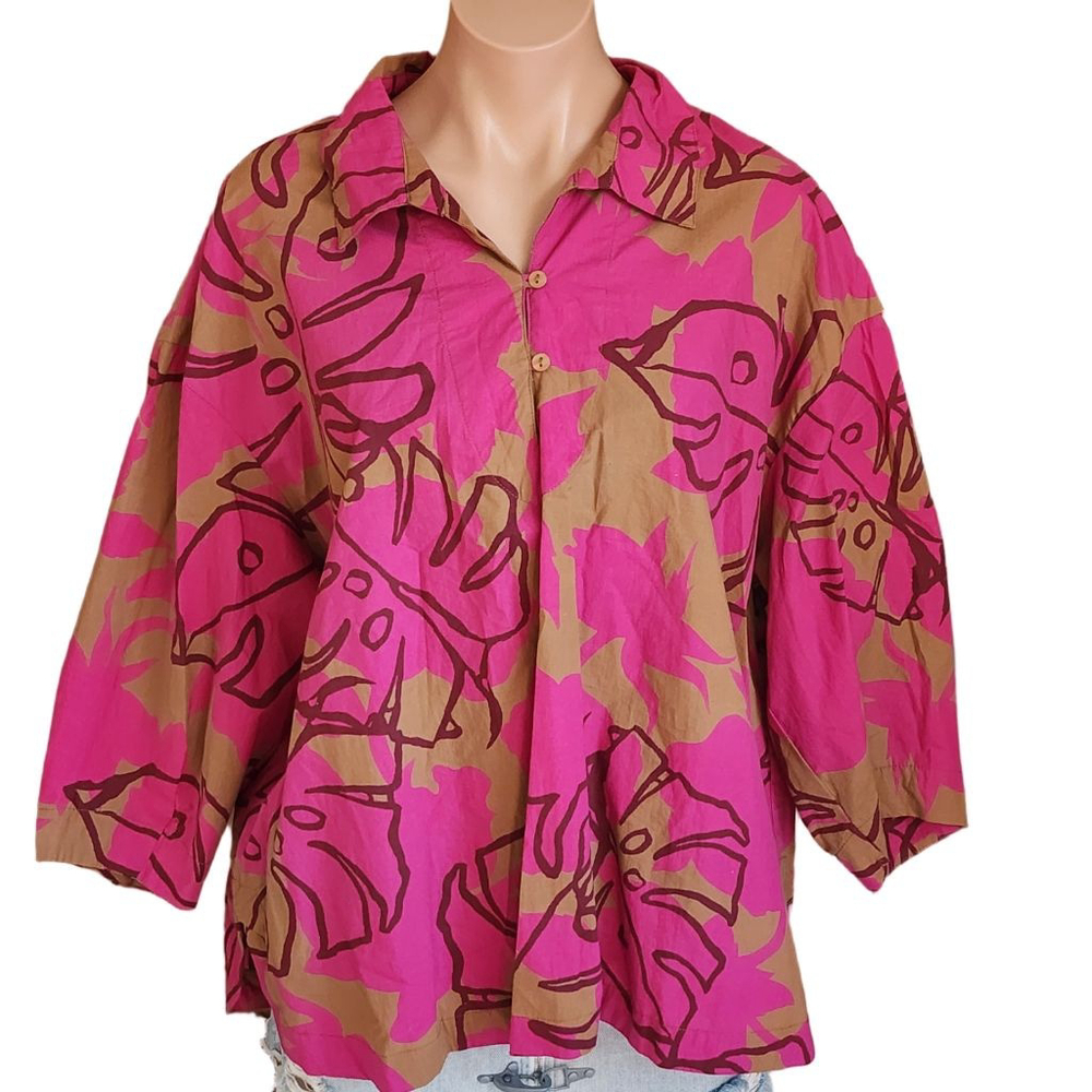 NOEN Pink‎ Brown Leaf Print Puff Sleeve Shirt Size 12